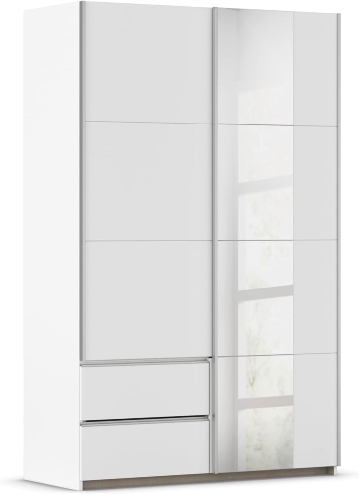 Rauch Möbel Stoke, Schwebetürenschrank, Garderobe, 2-türig, Spiegel, 2 Schubladen, Zubehör Premium, 4 Einlegeböden, Türdämpfer, Farbe Weiß, Griffleisten Alufarben, 131 x 210 x 59 cm Bild 1