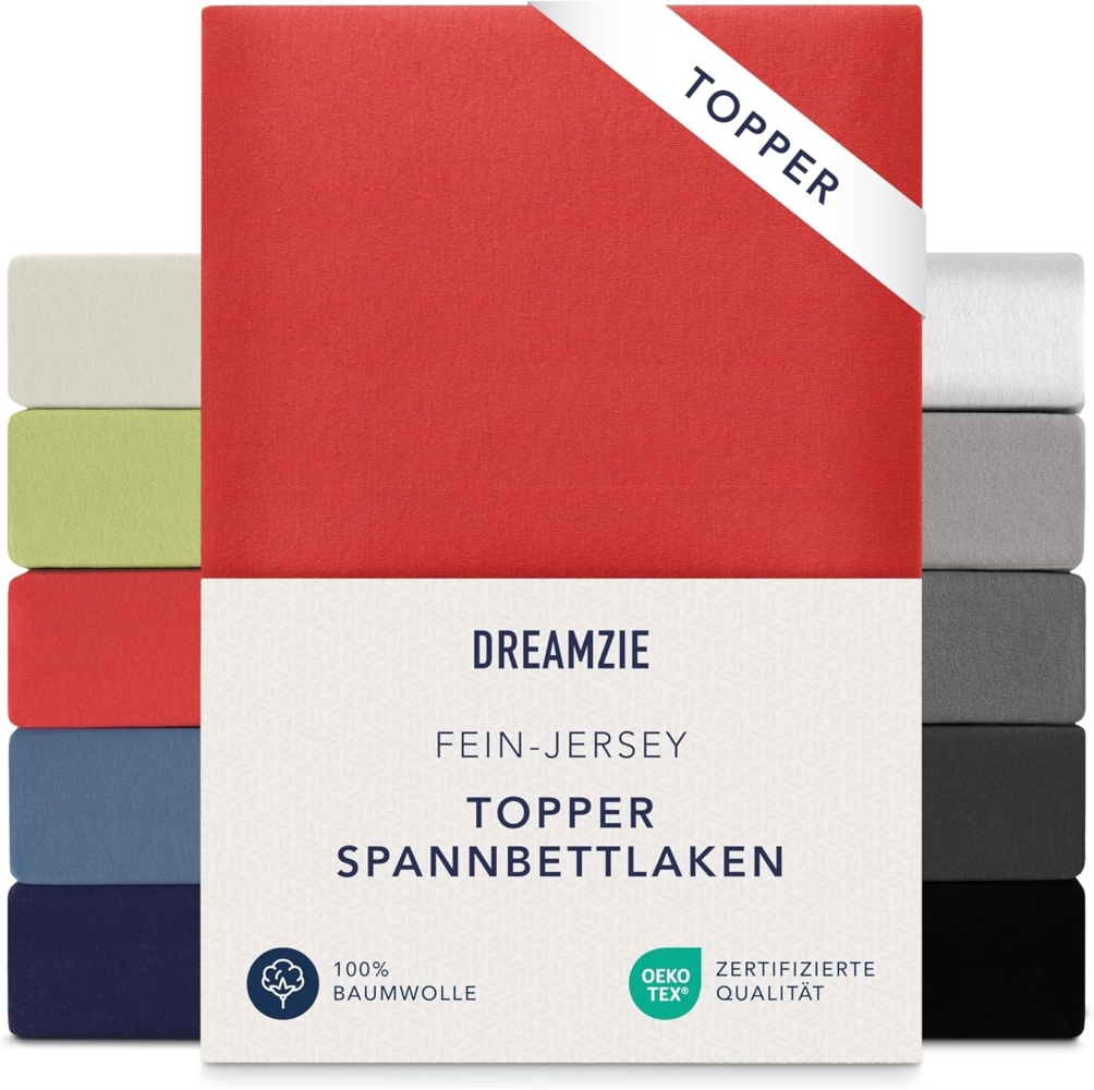 Dreamzie Premium Topper Spannbettlaken 180x200 cm - 200x200 cm - extra niedriger Seitenhöhe - für Topper - Topperauflage - Spannbetttuch Jersey Baumwolle, 150 g/m² - Oeko-TEX - Rot Bild 1