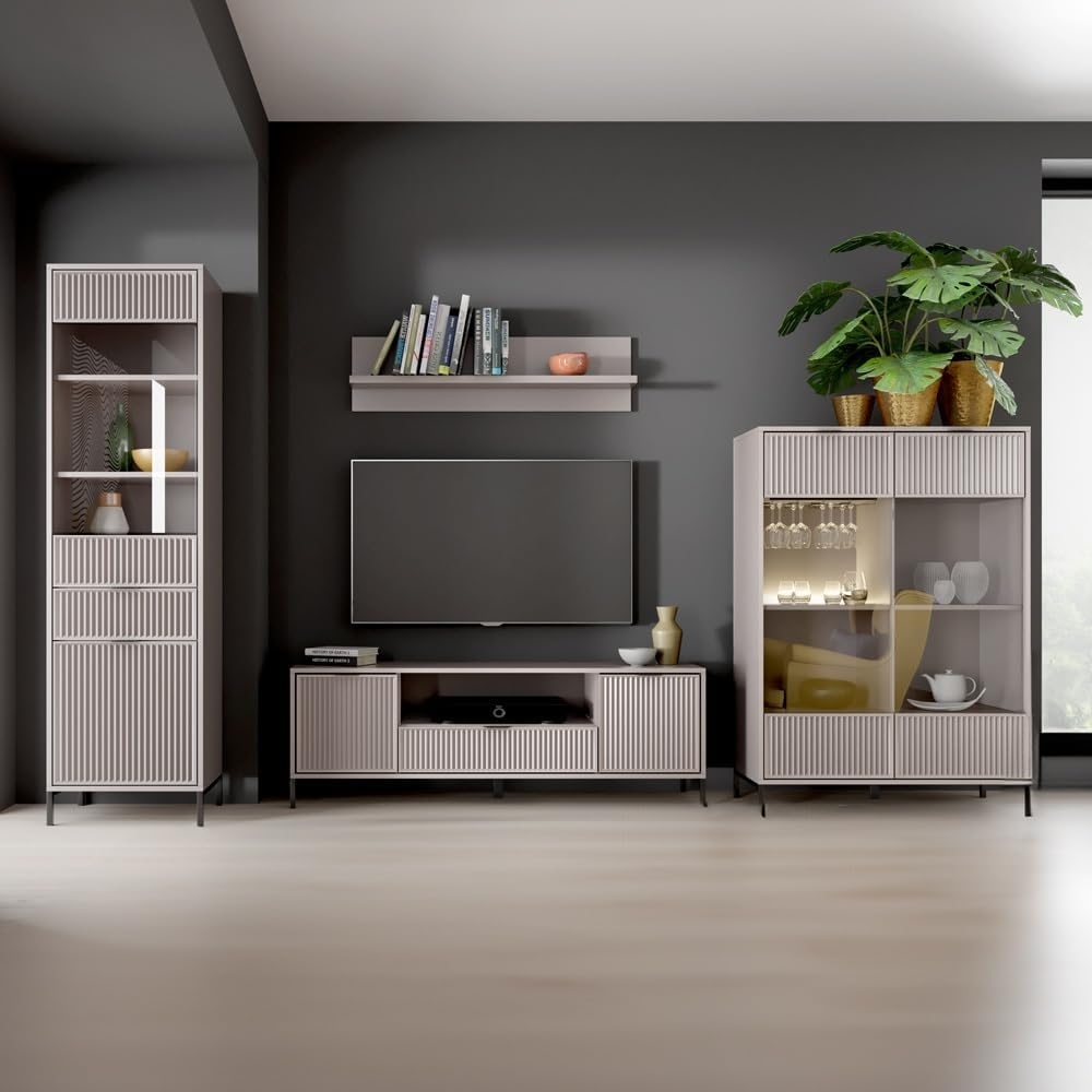 Lomadox Wohnwand LAURO-161, (4-St, Vitrine Wandregal Lowboard Highboard), Wohnzimmer Set Kaschmir beige modern mit Rillenoptik und Beleuchtung Bild 1