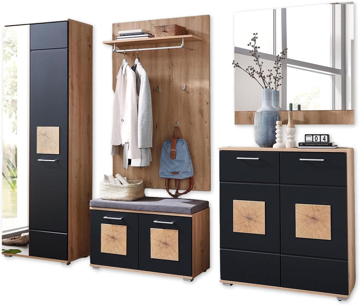 FUN Garderobenschrank in Schwarz, Artisan Eiche Optik mit Hirnholz-Applikationen - Moderner Flurgarderoben Schrank mit viel Stauraum - 65 x 195 x 38 cm (B/H/T) Bild 1