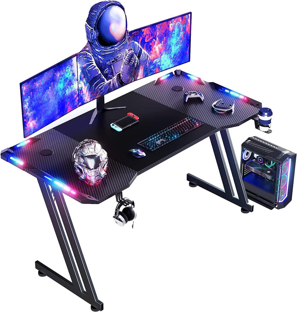 RGB Gaming Schreibtisch 140cm mit Fernbedienung mit LED-Beleuchtung Belastbar Arbeitstisch Gaming-Tisch Gaming-PC Computertisch Mit Getränkehalter und Kopfhörerhaken Bild 1