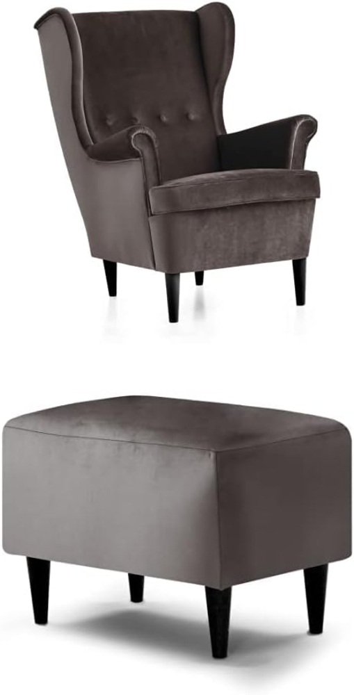 Traumnacht bequemer und moderner Ohrensessel, Polstersessel, Relaxsessel Edgar mit Holzfüßen, produziert nach deutschem Qualitätsstandard, braun (Samt) + passender Fußhocker, braun (Samt) Bild 1