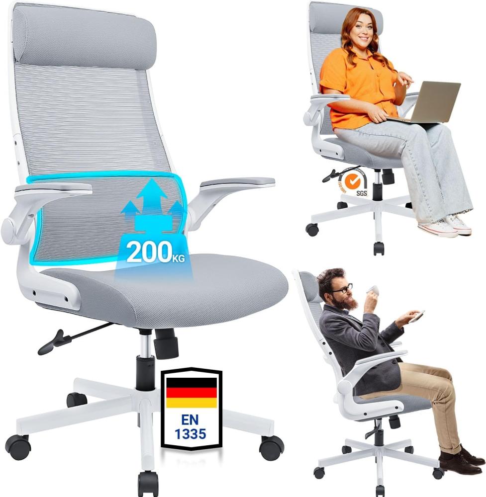 MELOKEA Bürostuhl Ergonomisch, Schreibtischstuhl aus Mesh mit Hochklappbaren Armlehnen, Computer Drehstuhl mit Verstellbare Kopfstützenarme und Lendenwirbelstütze, Chefsessel hat Wippfunktion-Grau Bild 1