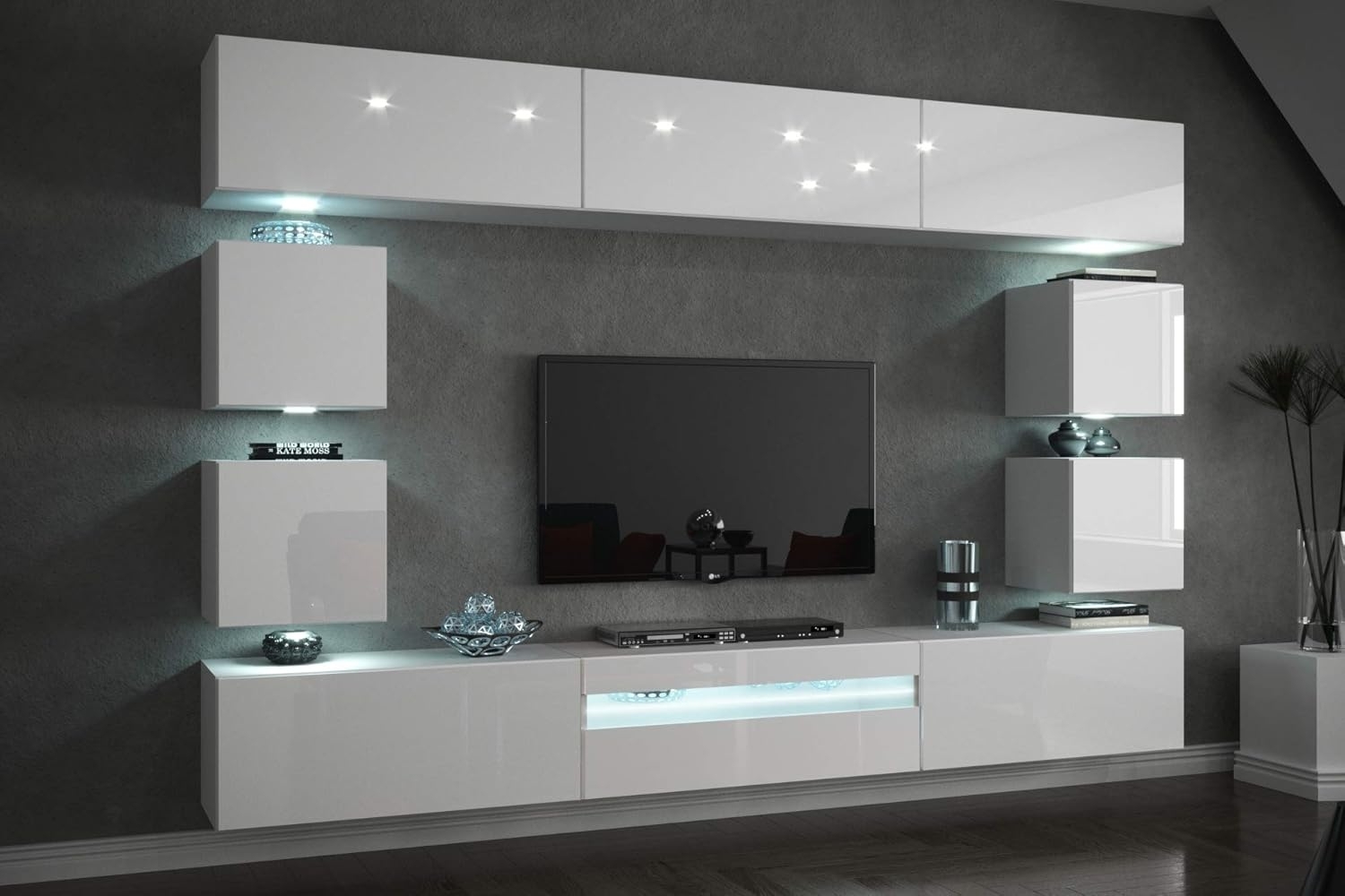 FURNITECH Future C81 Wohnzimmer Wandschrank Mediawand mit Led Beleuchtung Schrankwand Wohnwand Möbel (C81-HG-W2 1A (257 cm), LED blau) Bild 1
