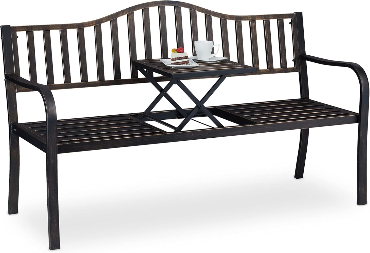 Relaxdays Gartenbank mit klappbarem Tisch, 3-Sitzer, Garten, Metall Balkonbank, HBT 89 x 150 x 58,5 cm, schwarz-Bronze Bild 1