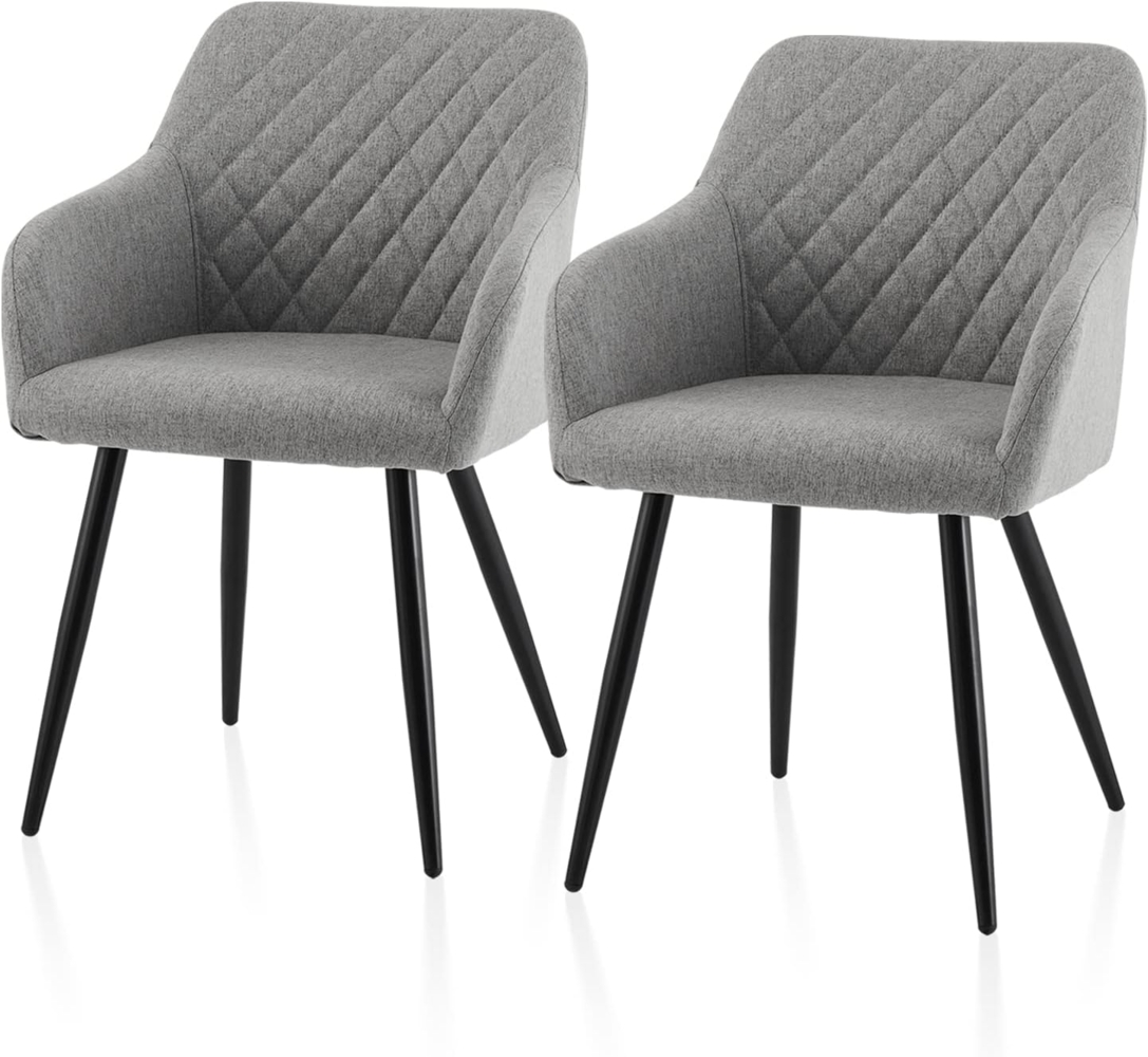 TUKAILAI Esszimmerstühle 2er Set aus Leinen, Modern Küchenstuhl Armlehnstuhl Polsterstuhl Wohnzimmerstuhl mit Armlehnen Rückenlehne Metallbeinen, Sessel für Küche Esszimmer Wohnzimmer, Grau Bild 1