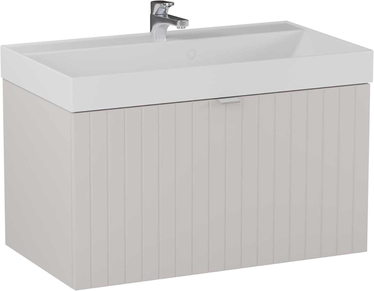 BADEDU ESLA Waschbecken mit Unterschrank 79 cm breit, Grau, Waschbecken Gussmarmor Weiß Bild 1