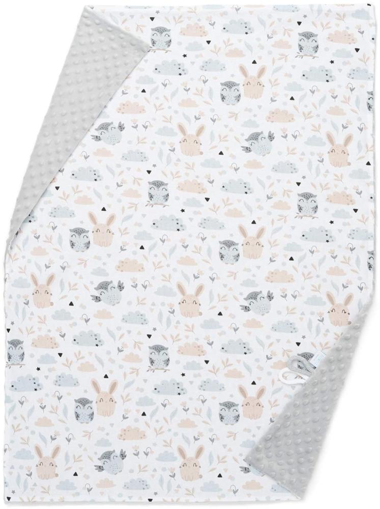 EliMeli Minky BABYDECKE Kuscheldecke Kinderwagedecke Krabbeldecke aus super weichem Minky Stoff und Baumwolle für den Sommer und Frühling Ideal als Geschenk (Grau - Eule und Hase) Bild 1