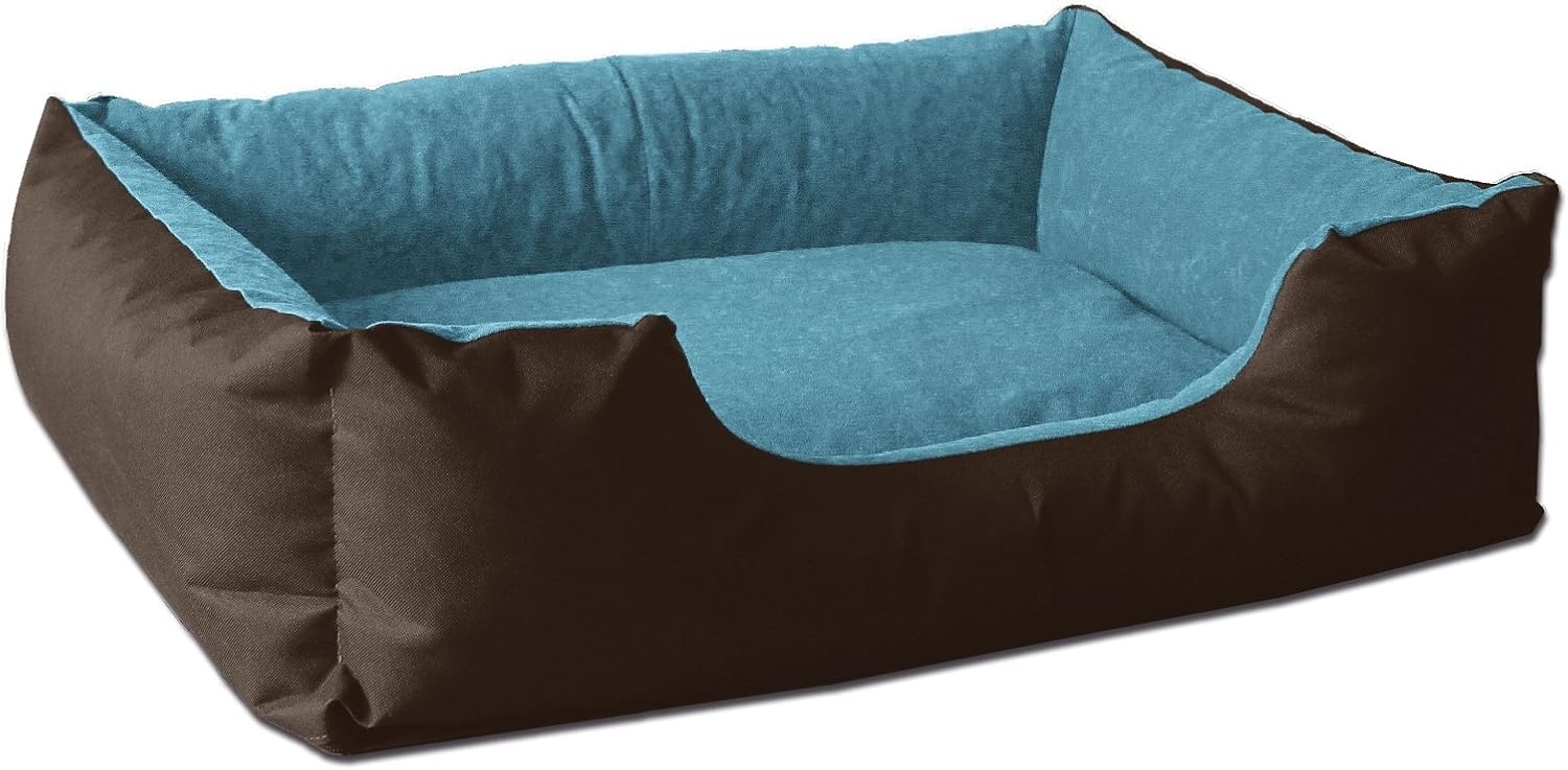 BedDog Hundebett LUPI, Hundesofa aus Cordura, Microfaser-Velours, waschbares Hundebett mit Rand, Hundekissen vier-eckig (M) ca. 70x55x18cm, MOUNTAIN-BLUE (braun/blau) Bild 1