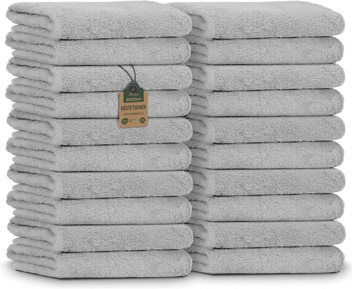 NatureMark 20er Spar-Pack Frottier Gästetücher, 30x50 cm, 100% Baumwolle, Silber grau Bild 1