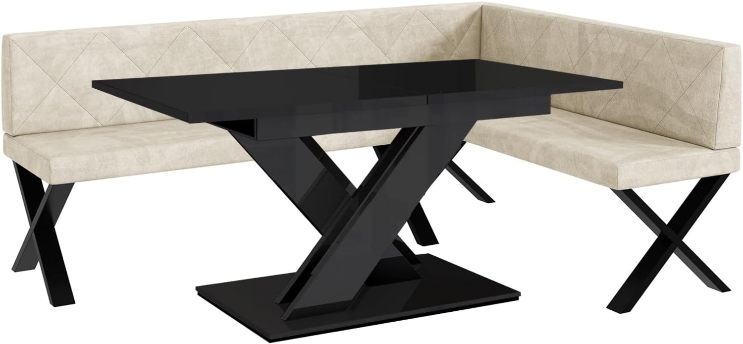 MEBLINI Eckbank für Esszimmer mit ausziehbarem Tisch - Küchenbank - Essecke - Sitzecke Küche - ERIC - X-Beine 142 x 196 x 87 cm Rechts - Creme Samt/B Schwarz Hochgl. Bild 1