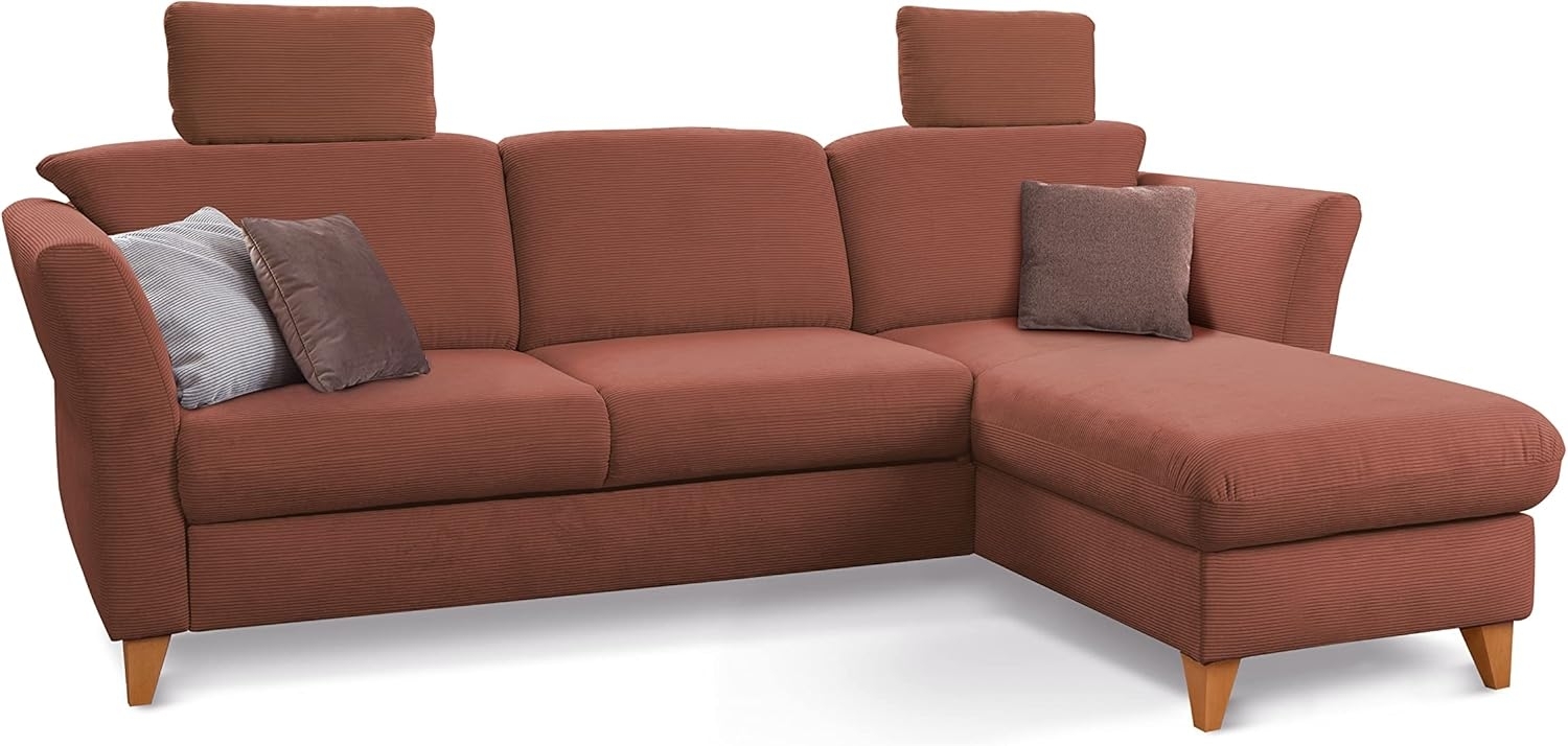 CAVADORE Ecksofa Trend / Skandinavische Eckcouch mit Federkern, Longchair und 2 Kopfstützen / 249 x 86 x 162 / Cord, Kupfer Bild 1