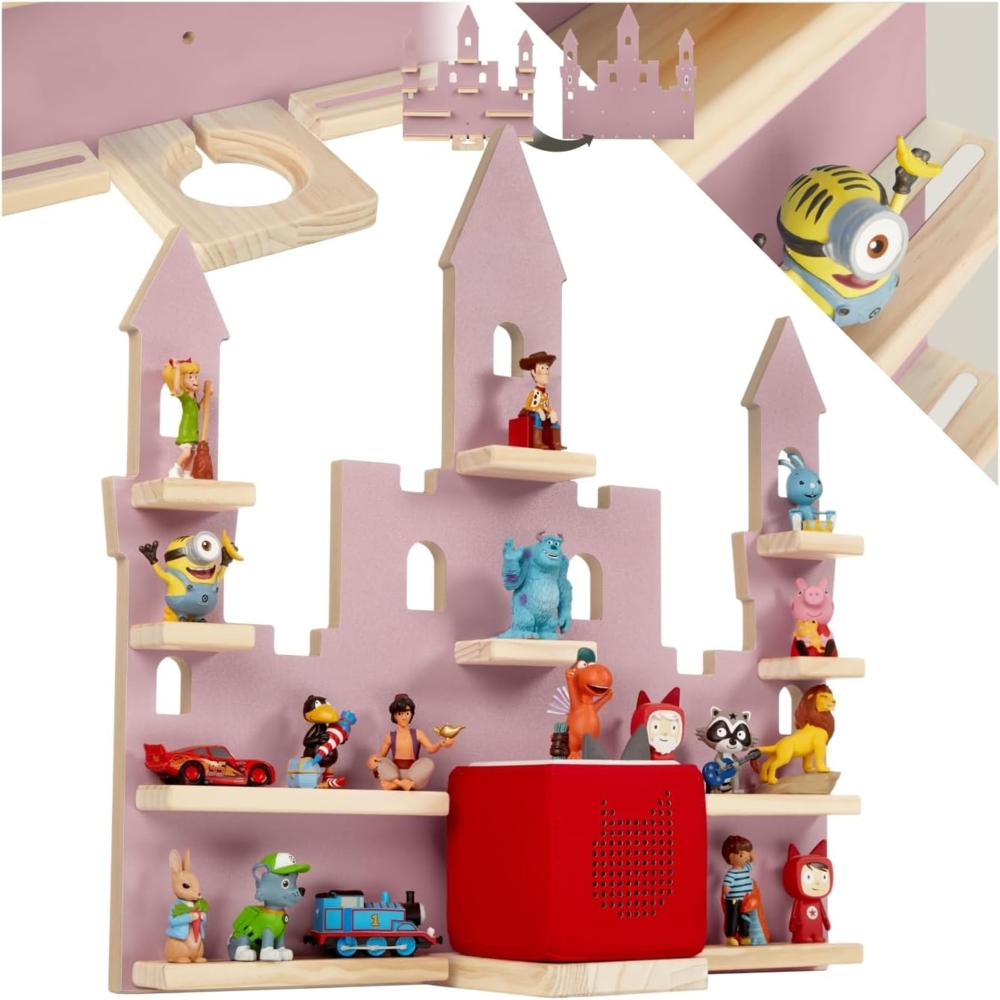 tectake® Holz Regal mit Magnetstreifen für Wand Montage, Tonieregal, Wandregal für's Kinderzimmer, Aufbewahrung Musikbox, für Tonies Tonie Hörfiguren und Toniebox - pink Bild 1