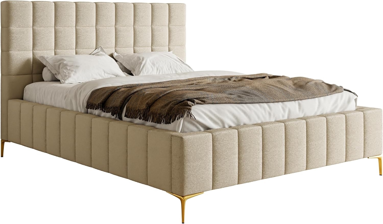 Selsey Bett Polsterbett Doppelbett 180x200 cm Mit Bettkasten Metallrahmen Goldene Beine Gasdruckfeder Schlafbett Chenille Beige Szejlo Bild 1