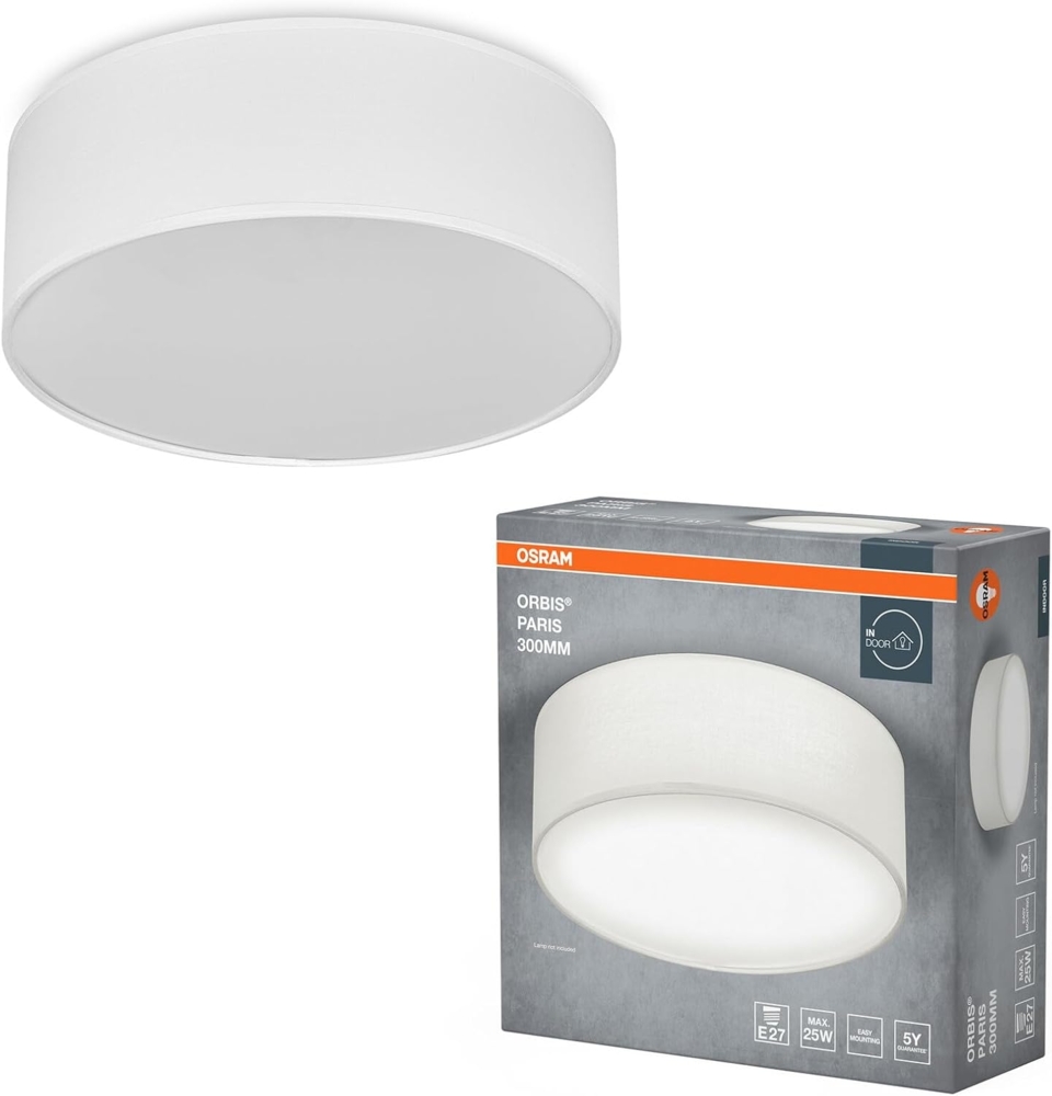 Osram ORBIS PARIS Deckenleuchte 300mm, weiß, E27-Sockel, kann mit smarter Lampe bestückt werden, hochwertiges, modernes Design, mit Stoffschirm, geeignet für Innenräume, rund, IP20 Schutzklasse Bild 1