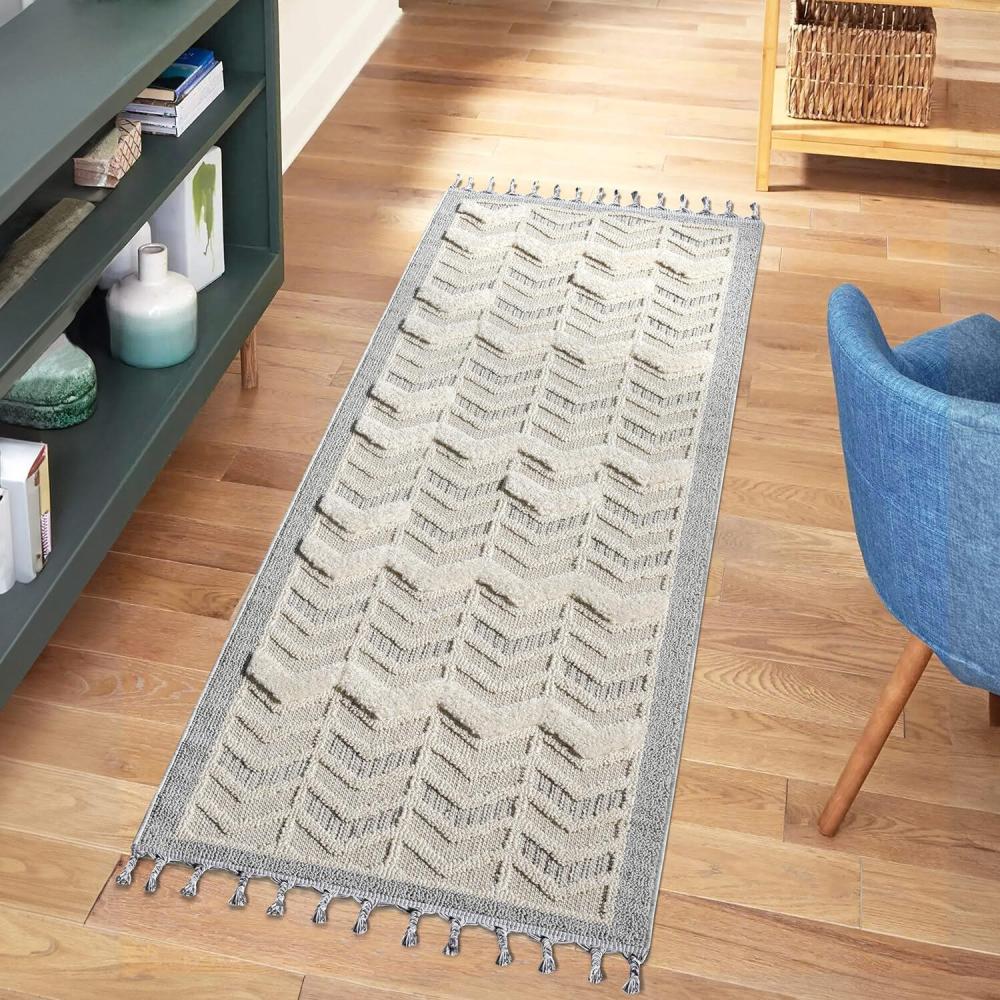 Teppich Läufer Boho Flur - Creme, Graublau - 80x300 cm - Geometrisches Muster - Relief-Optik, 3D-Effekt - Cut-&Loop, Sisal - Moderne Fransen-Teppiche Schlafzimmer Bild 1