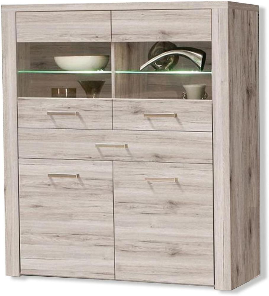 FORTE Portland Highboardvitrine mit LED Beleuchtung, Holzwerkstoff, Beige/Braun, 126,9 x 143,9 x 41,3 cm Bild 1