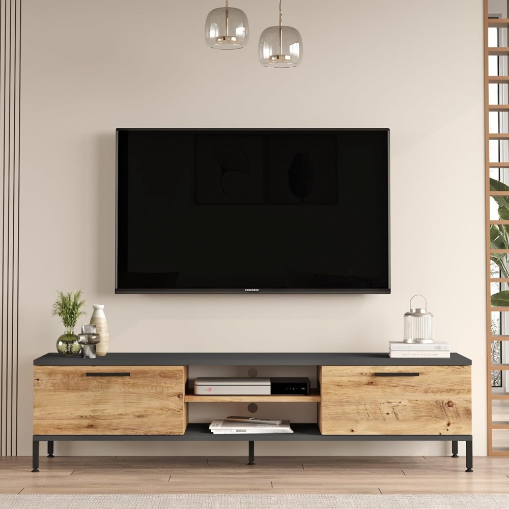 Hanah Home Stylish TV Unit, Atlantic Pine & Anthracite, 160 x 39.1 x 35 cm | 100% Melamine Coated Particle Board, 18 mm Thick | Modern Design for Living Room Bild 1