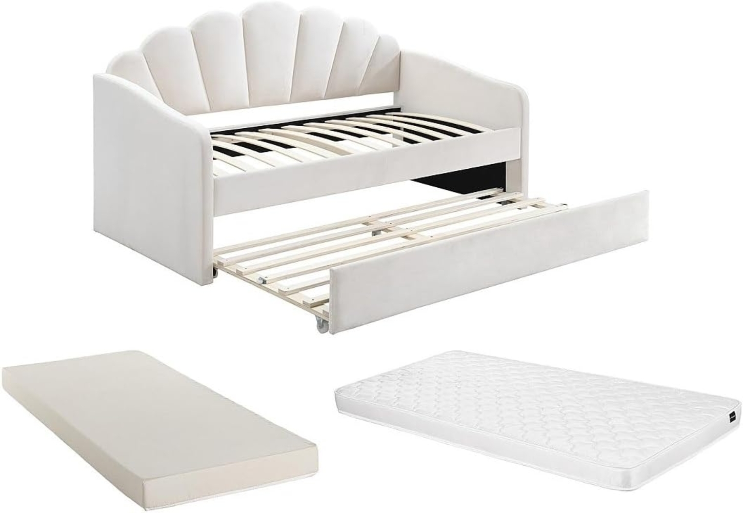 Vente-unique - Ausziehbett Muschelform - 2 x 90 x 190 cm - Samt - Beige + Matratze - ELUSIA Bild 1