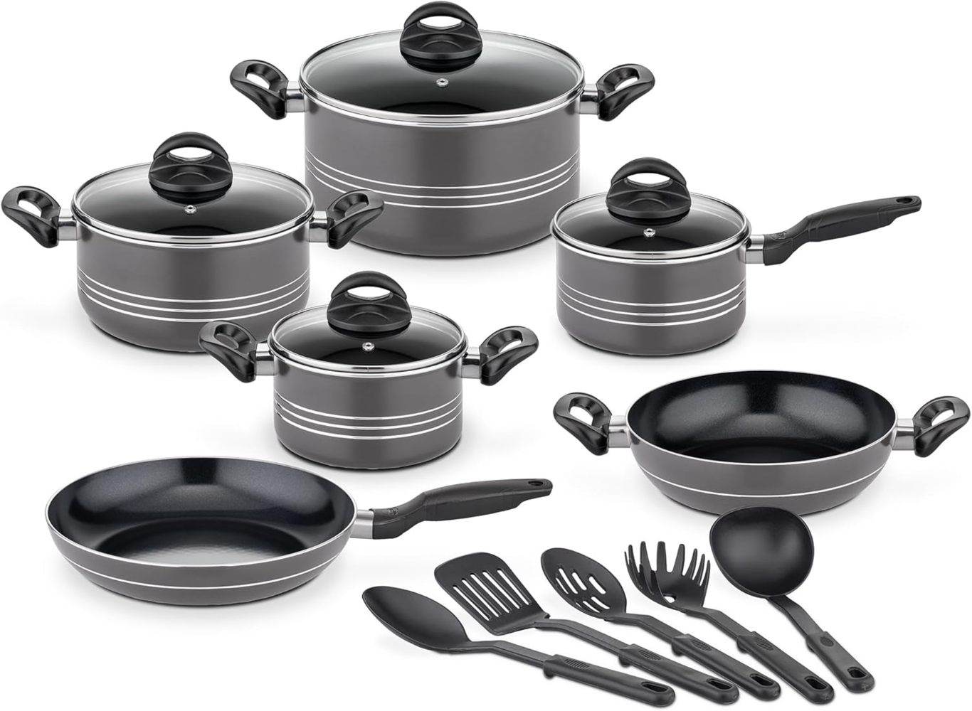 GSW Topf-Set Milano Nero, Aluminium (Set, 15-tlg, je 1 Kochtopf 16/20/2 cm, 1 Stielkasserolle 16cm, je 1 Pfanne 24/28cm), Induktion, inkl. 5-teiliges Küchenhelfer-Set Bild 1