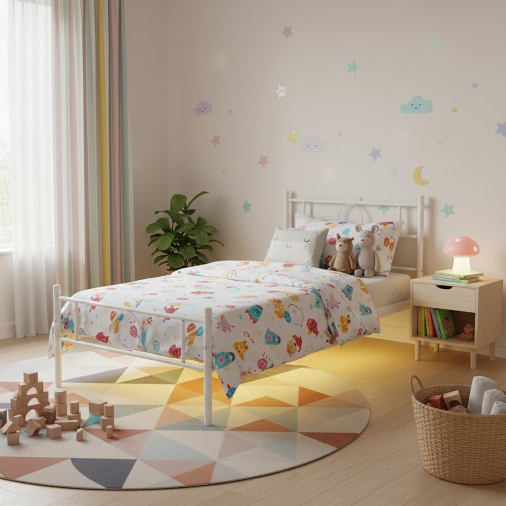 FurnitureR Metall Einzelbett 90×200 cm mit LED Streifen, 20 Farben Unterbett Beleuchtung, stabiles Plattformbett mit Lattenrost, perfekt für Schlafzimmer & Jugendzimmer, bis 150 kg belastbar, Weiß C Bild 1