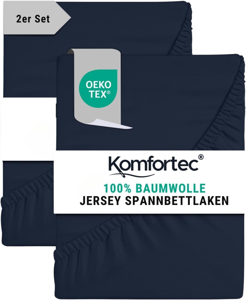 Komfortec 2er Pack Jersey Spannbettlaken 90x200 cm, 100% Baumwolle, Doppelpack Spannbettuch, Blau Bild 1