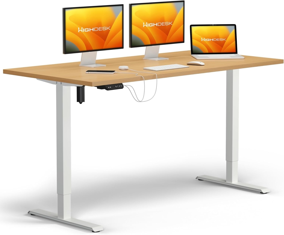 HighDesk SMART Höhenverstellbarer Schreibtisch (Weiß + Buche I 180x80 cm) - Elektrischer Sitz- & Stehtisch mit Tischplatte - Stehschreibtisch Elektrisch Höhenverstellbar - von Krieg Bild 1