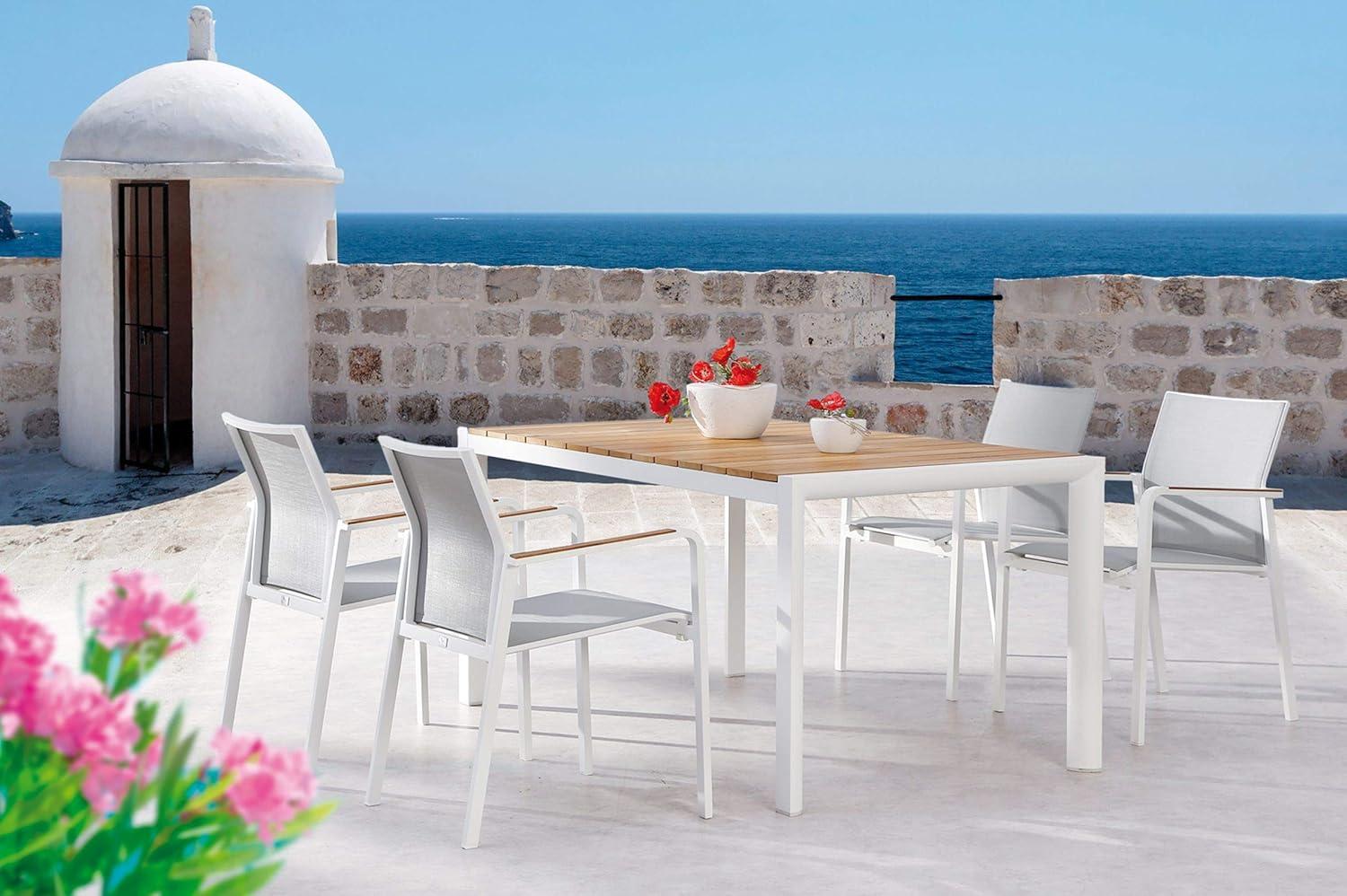 Best Freizeitmöbel Sitzgruppe Paros 5-teilig Tisch + 4 Stapelsessel 160 x 90 cm weiss/Teak Bild 1