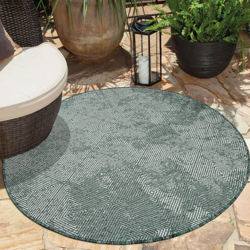 carpet city In- & Outdoor-Teppich Grün - Wendeteppich - 160 cm Rund - Rauten-Muster - Wetterbeständig für Balkon, Terrasse - Teppiche Modern Indoor Wohnzimmer, Küche Bild 1