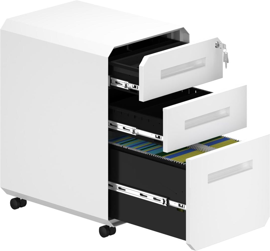 YITAHOME Vollständig Montierter Rollcontainer mit 3 Schubladen, Mobiler Aktenschrank für Zuhause, Büro, Abschließbarer Aktenschrank mit Rad, Weiß, 51 x 40 x 64 cm Bild 1