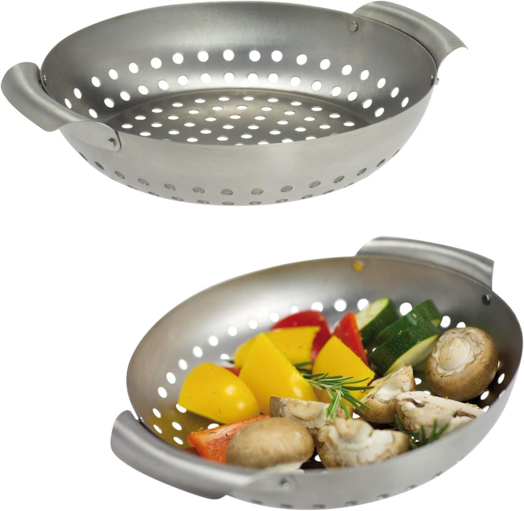 Edelstahl Grillkorb 2er Set rund (27 x 6 x 22,5 cm), Grillpanne, Grillplatte Bild 1