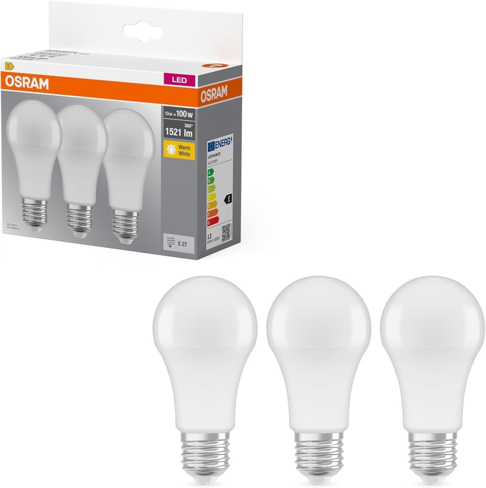 Osram LED Base Classic A, in Kolbenform mit E27-Sockel, Nicht Dimmbar, Ersetzt 100 Watt, Matt, Warmweiß - 2700 Kelvin, 3er-Pack Bild 1