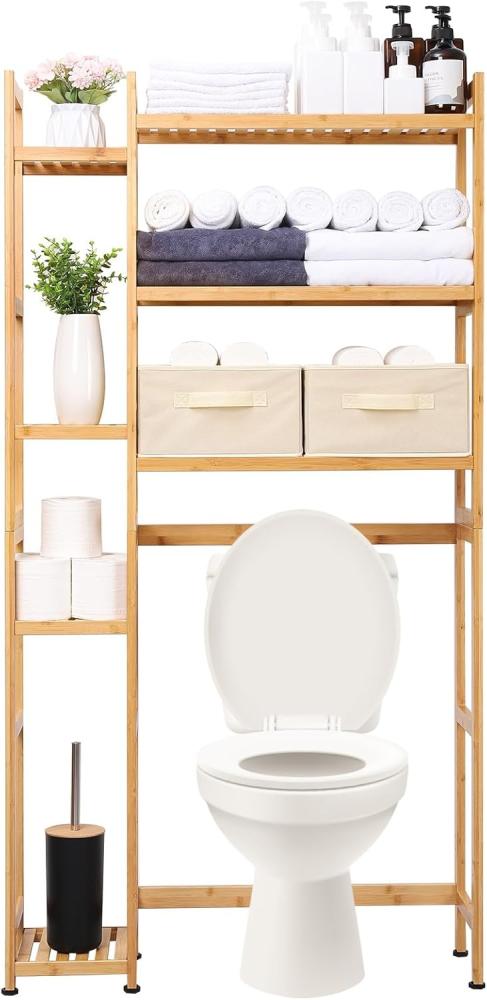 Yorbay Badregal Toilettenregal aus Bambus, Weiß WC Regal Badregal 79x23,3x166 cm, mit 2 Körben, mi 7 Ablagen, Multifunktional, Badezimmerregal, Verstellbar Badregal Bild 1