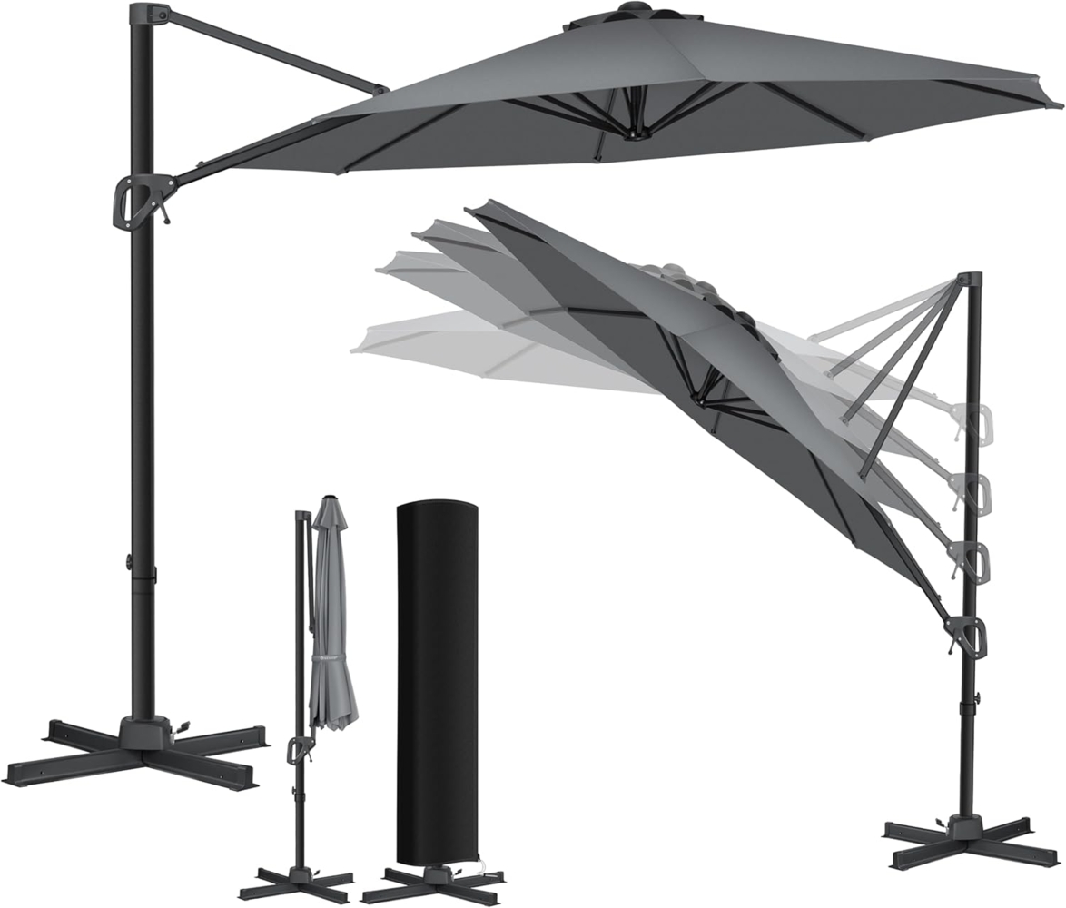 KESSER® Sonnenschirm Ampelschirm SUN Rund XL Ø330 cm Inkl. Abdeckung + Windsicherung 7-Fach Verstellbar Drehbar Neigbar Kippbar Groß 360° Drehbar Gartenschirm mit Kurbel Sonnenschutz UV50+ Anthrazit, Ohne LED Bild 1