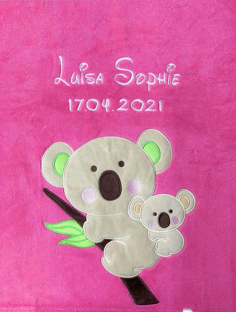 KIDDI-MEDIA Babydecke mit Name und Geburtsdatum Bestickt/kuschelig weich / 1A Qualität (Pink - Koala) Bild 1