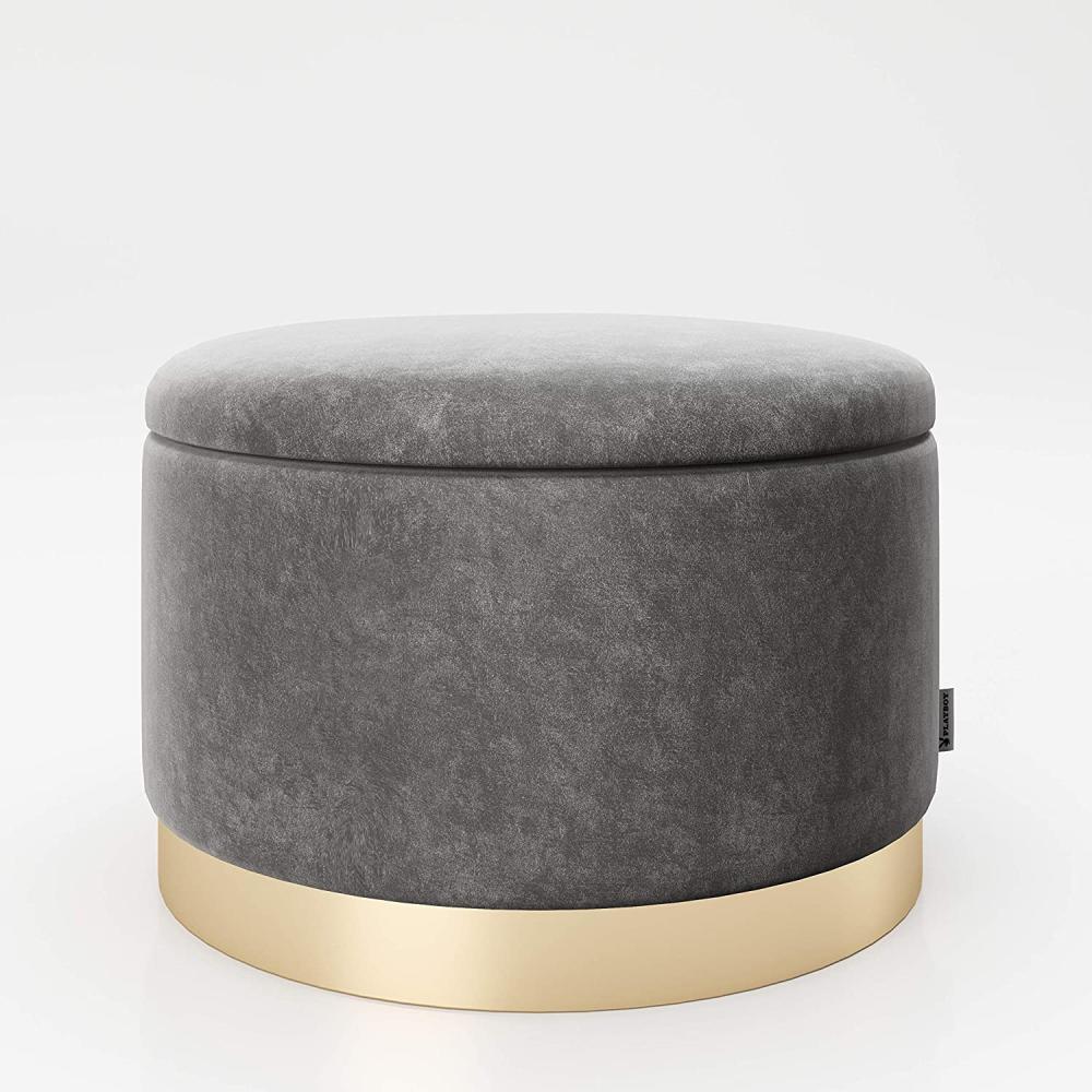 PLAYBOY - runder Pouf "SUE" gepolsterter Sitzhocker mit Stauraum, Samtstoff in Grau, goldener Metallfuss, Retro-Design Bild 1