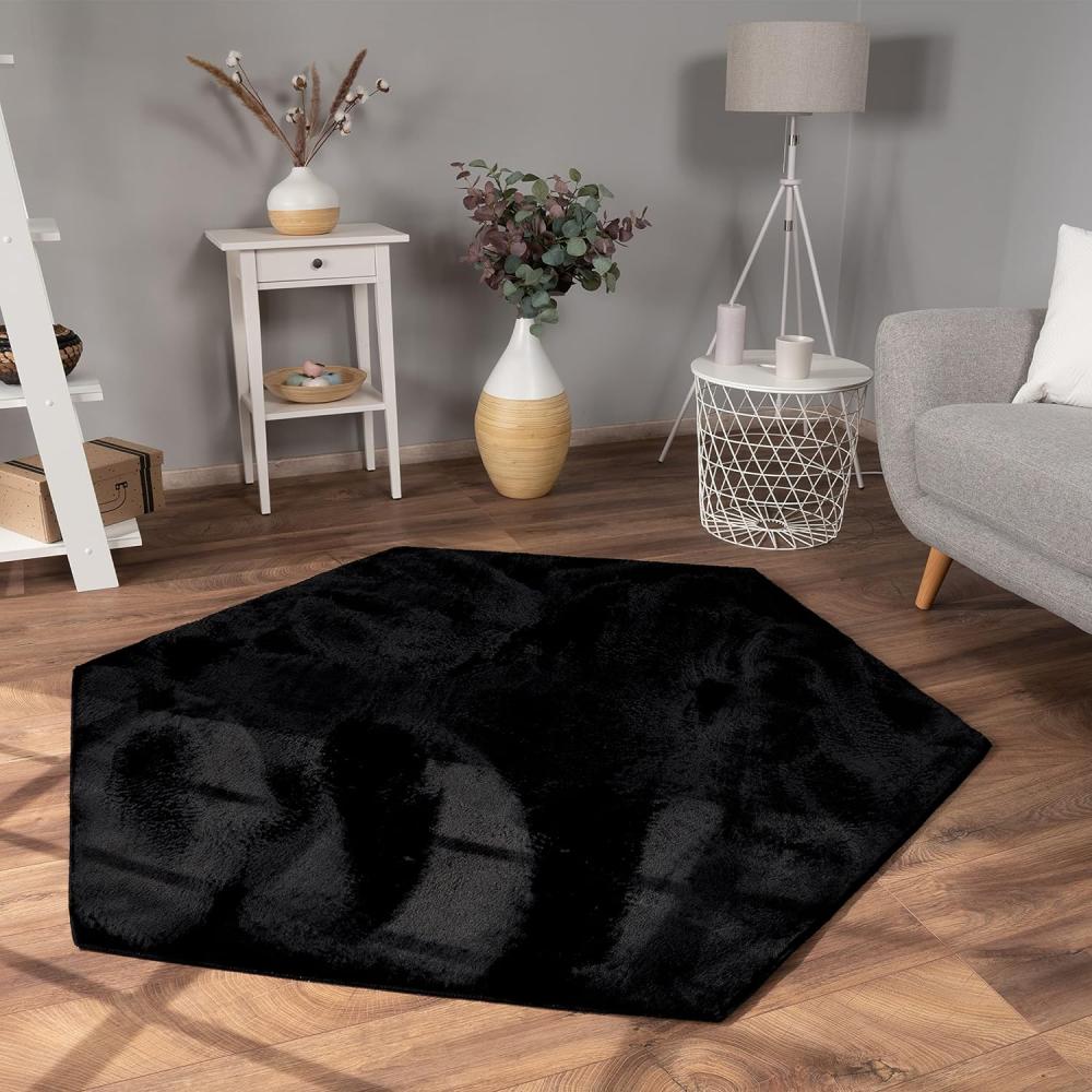 Paco Home Hochflor Teppich Wohnzimmer Flauschig Fellteppich Kunstfell Plüsch Shaggy Weich Fellimitat, Grösse:150x170 cm Sechseckig, Farbe:Schwarz Bild 1