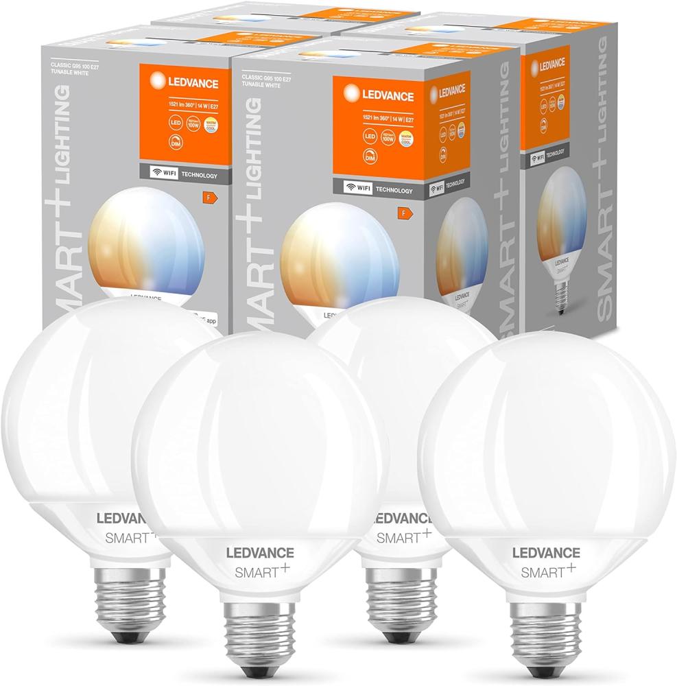 LEDVANCE Smarte LED-Lampe mit Wifi Technologie, E27, Dimmbar, Lichtfarbe änderbar (2700-6500K), Globeform, Matt, Ersatz für herkömmliche 100W-Glühbirnen, steuerbar mit Alexa, Google & App, 4er-Pack Bild 1