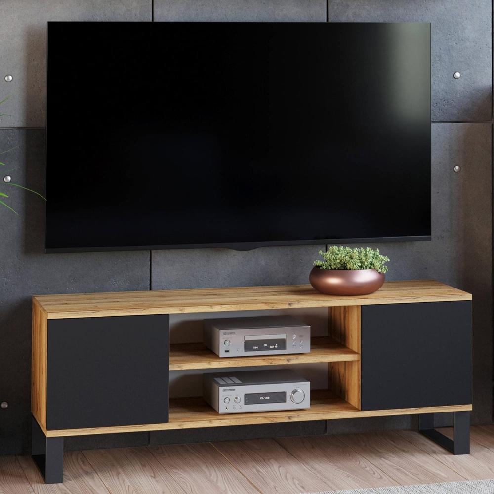 Dmora TV-Schrank mit 2 Türen und 1 zentralem Regal, Sideboard mit Metallfüßen, Wohnzimmerbuffet im Industriestil, cm 155x40h49, Farbe Ahorn und Schwarz Bild 1