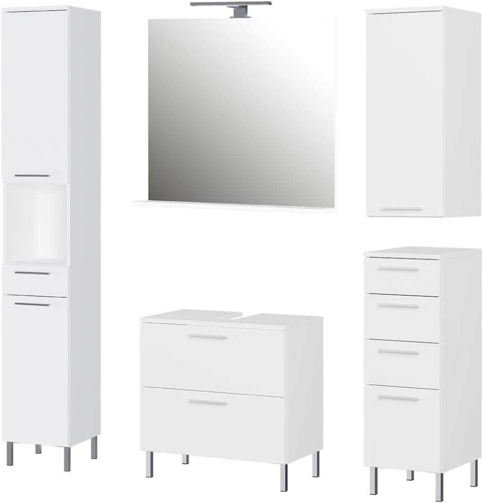 Germania 5-tlg. Badezimmer-Set 8550-84 GW-Arvada, bestehend aus Waschbeckenunterschrank, Spiegel, Unterschrank, Hängeschrank und Hochschrank, in der Farbe Weiß Bild 1