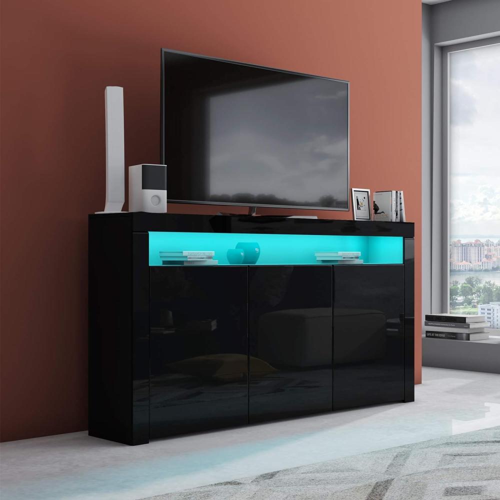 UNDRANDED 152cm LED TV Lowboard mit 3 Türen Fernsehtisch Unterschrank Anrichte Kommode Hochglanz & Holz (Schwarz) Bild 1