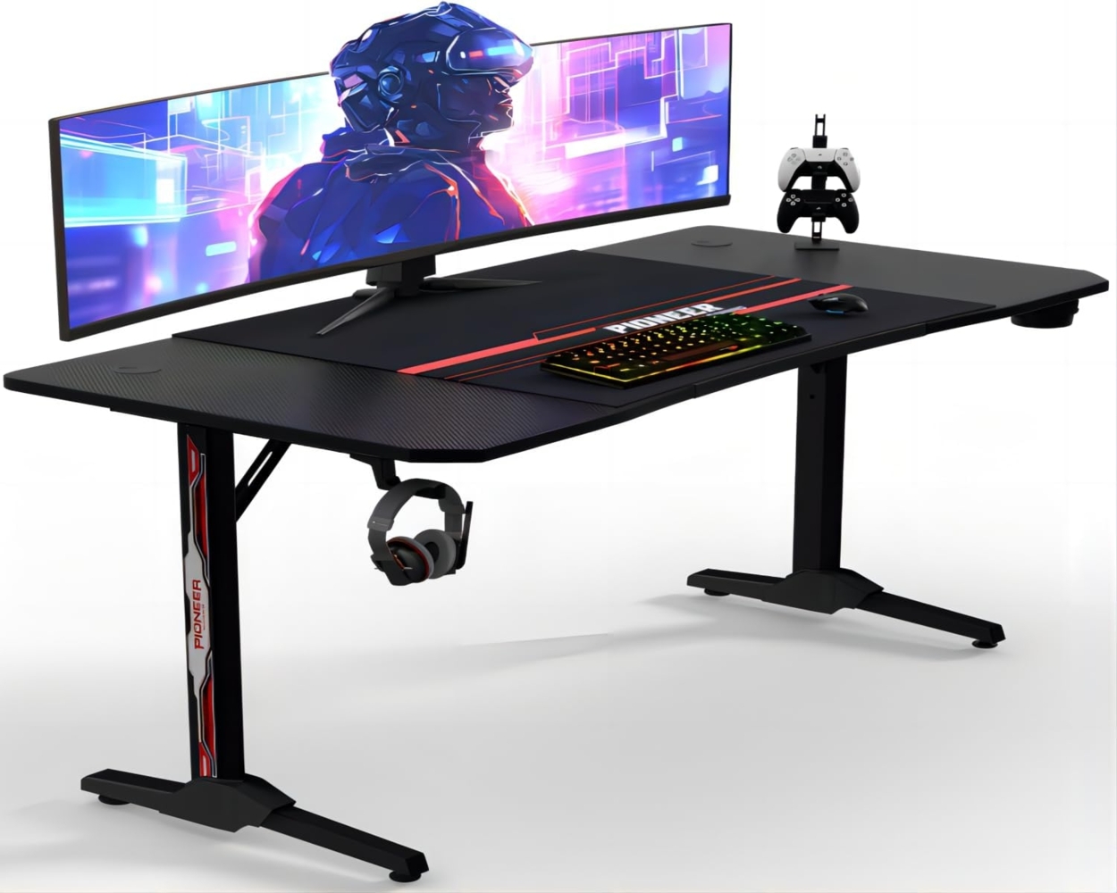 JUMMICO Groß Gaming Tisch 180cm, Gaming Schreibtisch PC Computertisch Ergonomischer Gamer Tisch zocker Tisch mit Kabelführungsfach, Kopfhörerhaken und Getränkehalter, 180x70 cm, Schwarz Bild 1