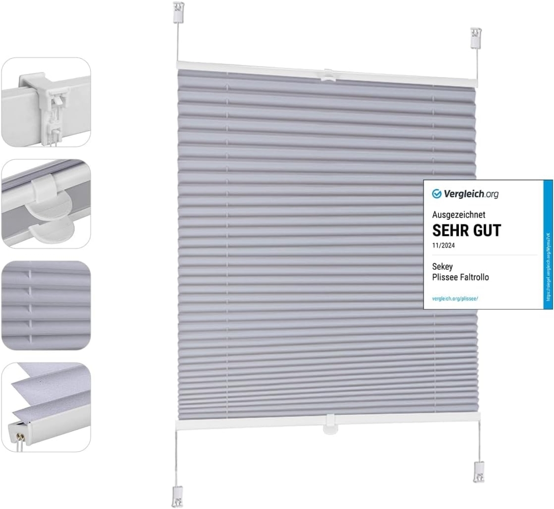 Sekey Plissee ohne Bohren Verdunkelung, Fenster Plissee Klemmfix Jalousie 90 cm breit, Verspannt Blickdicht Sonnenschutz Fensterollo, 90x120 cm, Blaugrau Bild 1