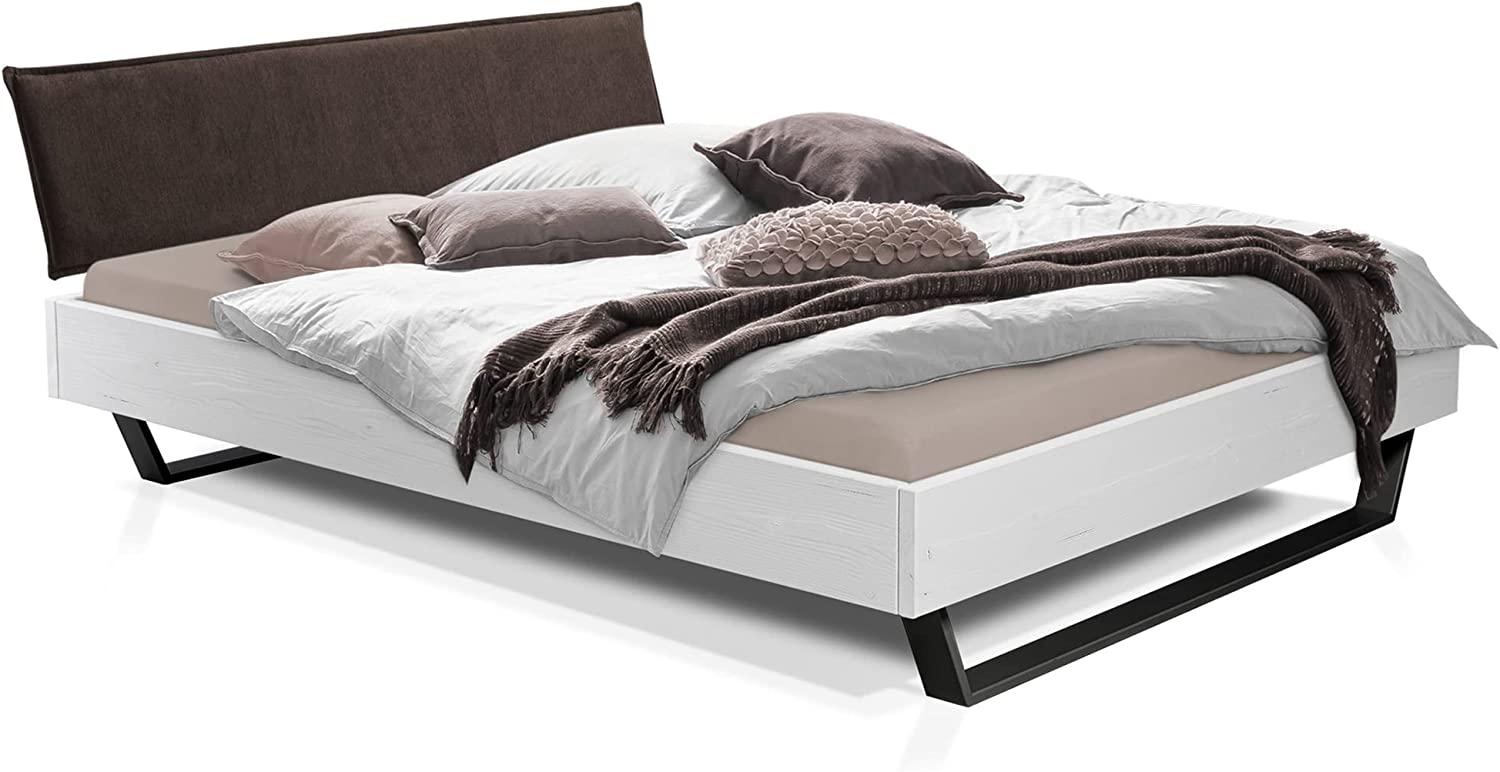 Möbel-Eins LUKY Kufenbett mit Polsterkopfteil, Material Massivholz, Fichte massiv, Kufen schwarz weiss 160 x 220 cm Stoff Braun Bild 1