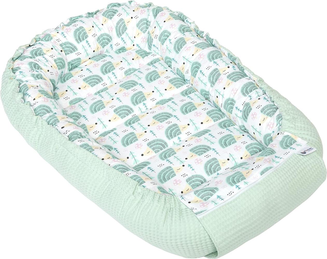 Medi Partners Babynest Kuschelnest Babynestchen 100% Baumwolle Waffle Nestchen Reisebett für Babys Säuglinge 100x60x15cm Sicherer Verschluss (Minze Igel mit Minzer Waffle) Bild 1