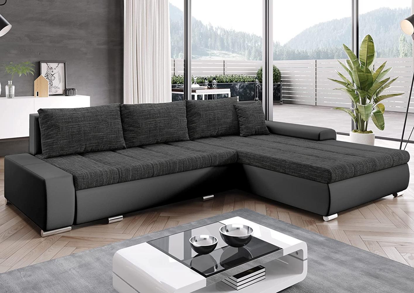 FURNIX Ecksofa Tommaso mit Schlaffunktion und Bettkasten - Couch Sofa mit Kissen - L-Form Sofa, Stellfüße in Chromoptik - B297 x T210 x H85 cm, Liegefläche 255 x 150 cm - MA195-BE06 (Dunkelgrau/Grau) Bild 1