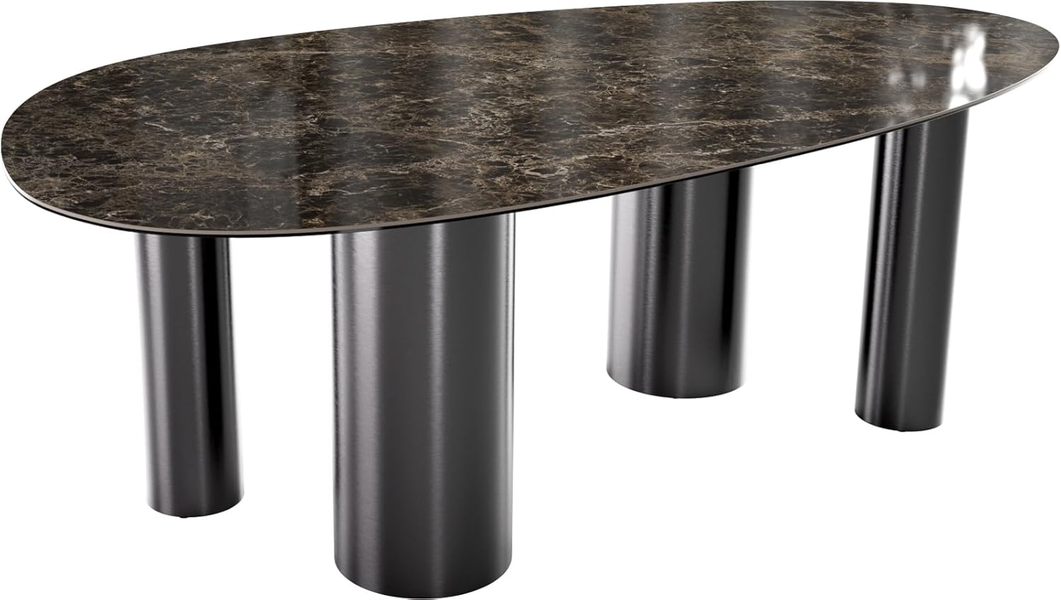 Esstisch Edge Oval 220x120 Keramik Laminam® Emperador Extra Lucidato Dunkelbraun Pilier Edelstahl Graphit Bild 1