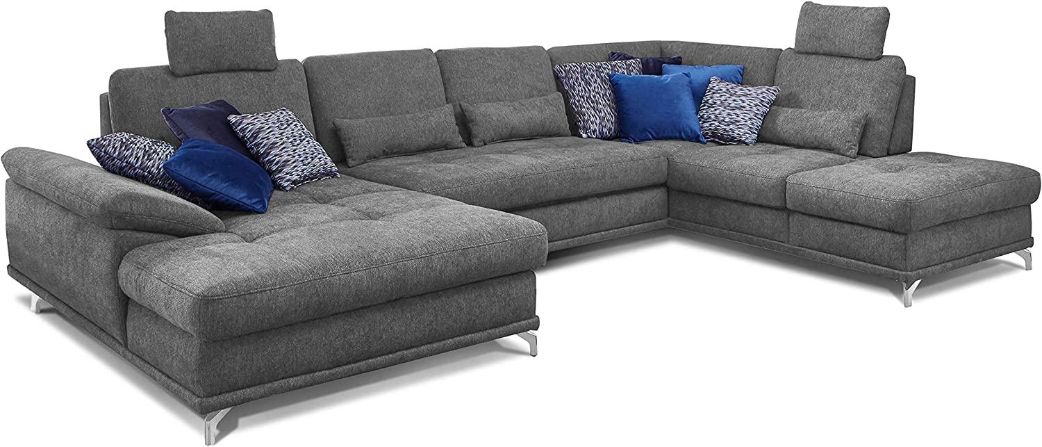 Cavadore Wohnlandschaft Castiel mit Federkern / Großes Schlafsofa in U-Form mit Bettkasten, Sitztiefenverstellung und Kopfstützen / 368 x 114 x 232 / Webstoff, Grau Bild 1