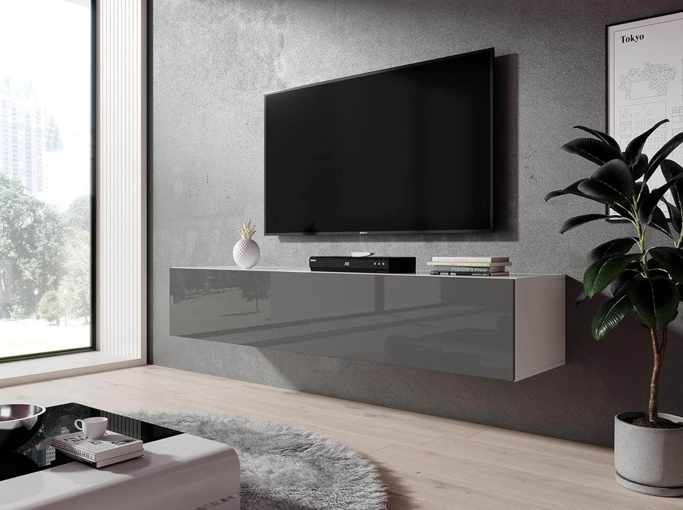 Furnix TV Kommode Zibo Fernsehschrank B160 x H34 x T34 cm - TV-Schrank hängender Lowboard Sideboard, 2 Ablagen mit Klappen, max. Belastung bis 30 kg, Wandmontage, Glänzend Grau Bild 1