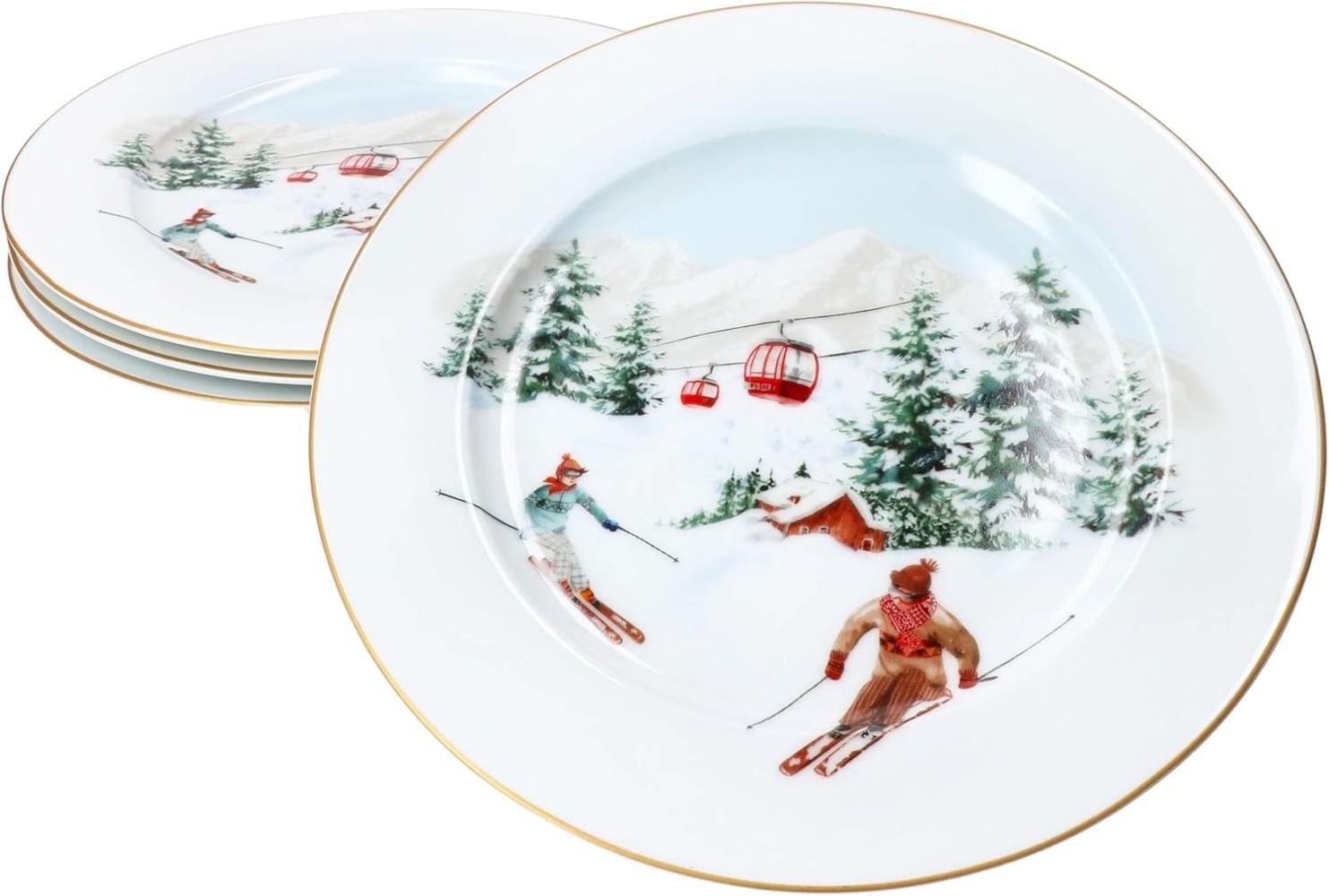 MamboCat Frühstücksteller 4x Chalet Kuchenteller 4 Personen Porzellan Dessert-Teller Ski Alpen Bild 1